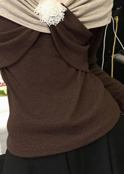 Suéteres de punto con diseño original de patchwork floral marrón para primavera