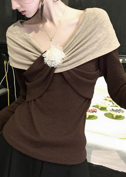 Suéteres de punto con diseño original de patchwork floral marrón para primavera