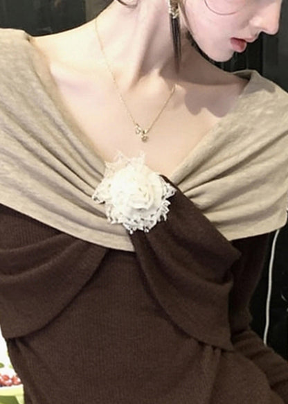 Suéteres de punto con diseño original de patchwork floral marrón para primavera