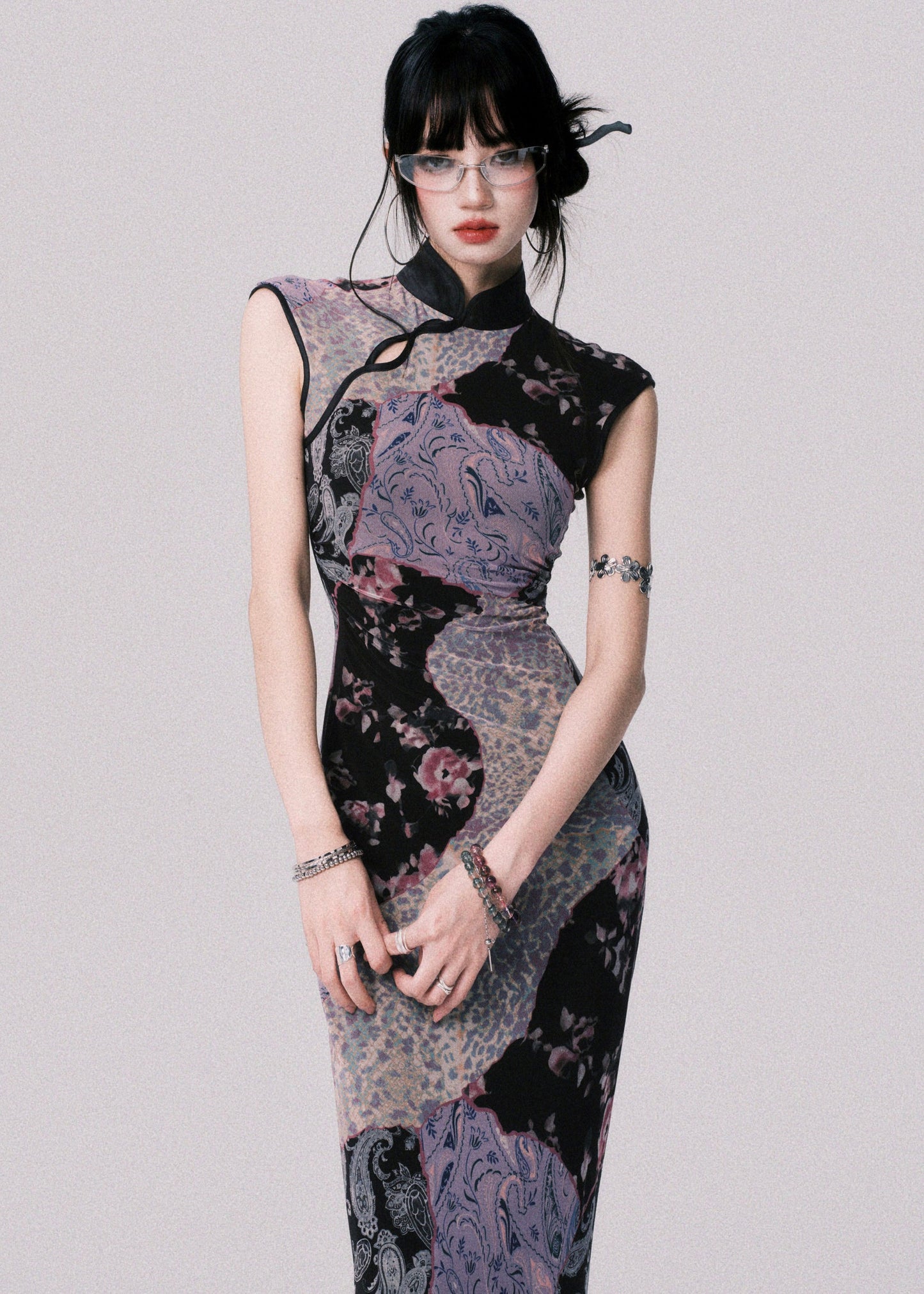 Original Design Chinese Style Stand Collar Print Tulle Maxi Dress Summer