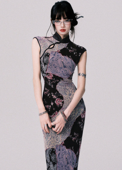 Original Design Chinese Style Stand Collar Print Tulle Maxi Dress Summer