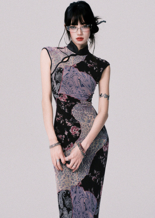 Original Design Chinese Style Stand Collar Print Tulle Maxi Dress Summer
