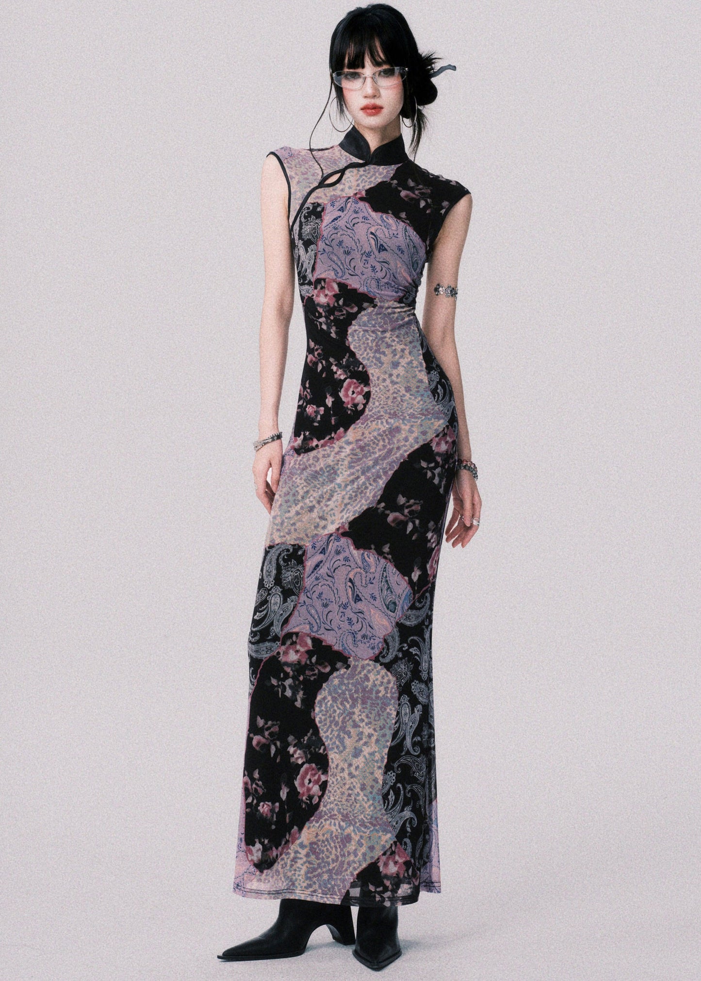 Original Design Chinese Style Stand Collar Print Tulle Maxi Dress Summer