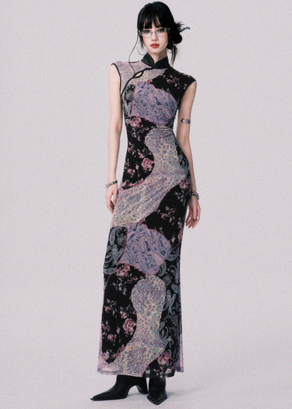 Original Design Chinese Style Stand Collar Print Tulle Maxi Dress Summer