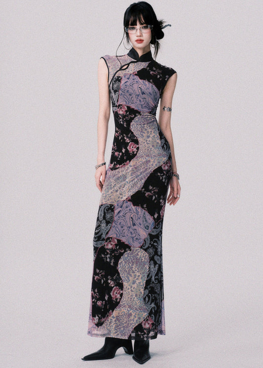 Original Design Chinese Style Stand Collar Print Tulle Maxi Dress Summer