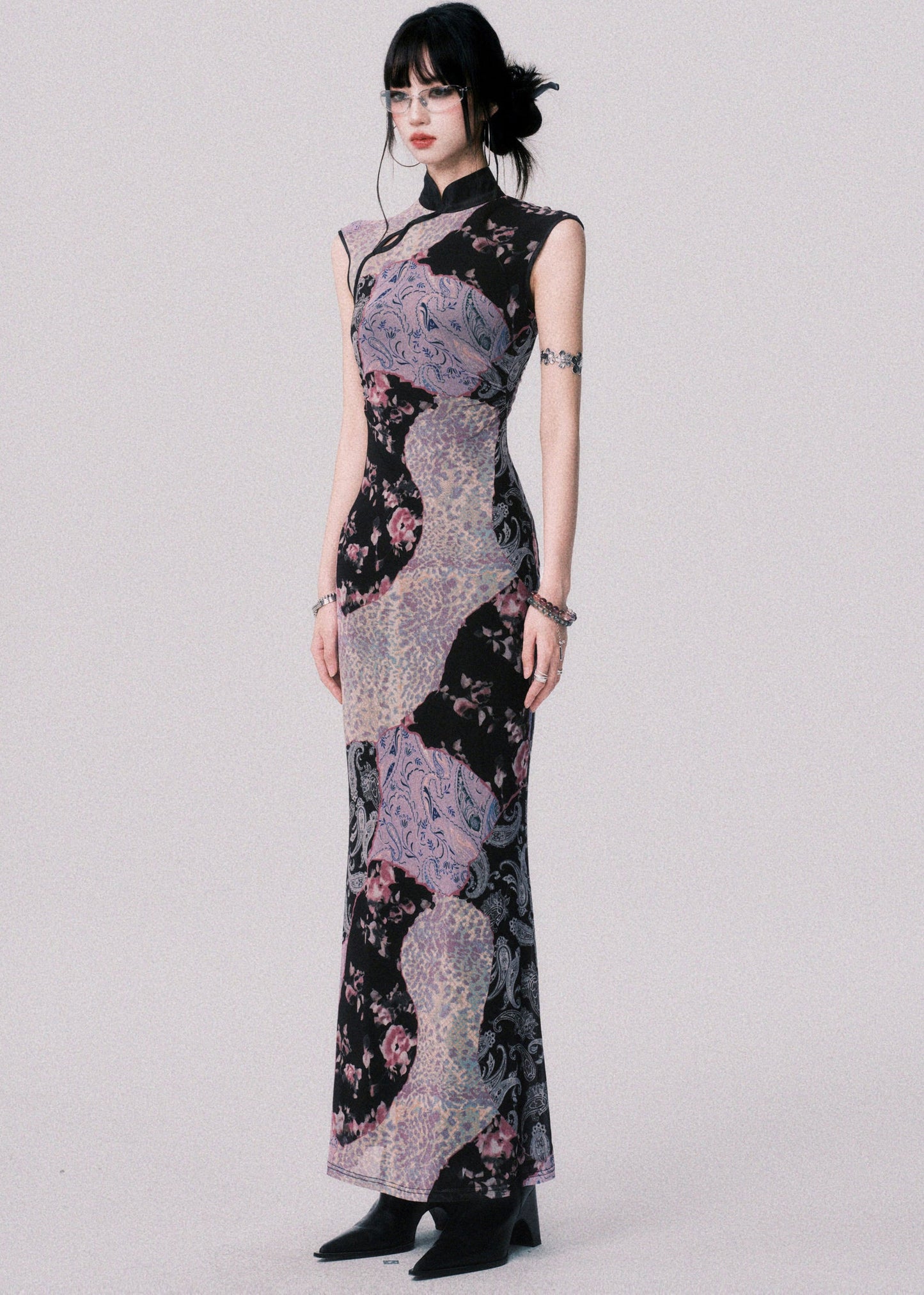 Original Design Chinese Style Stand Collar Print Tulle Maxi Dress Summer