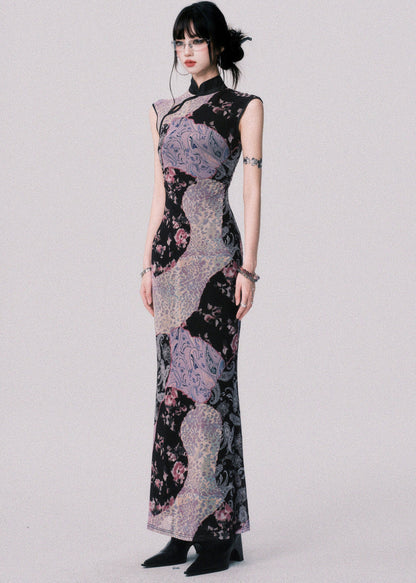 Original Design Chinese Style Stand Collar Print Tulle Maxi Dress Summer
