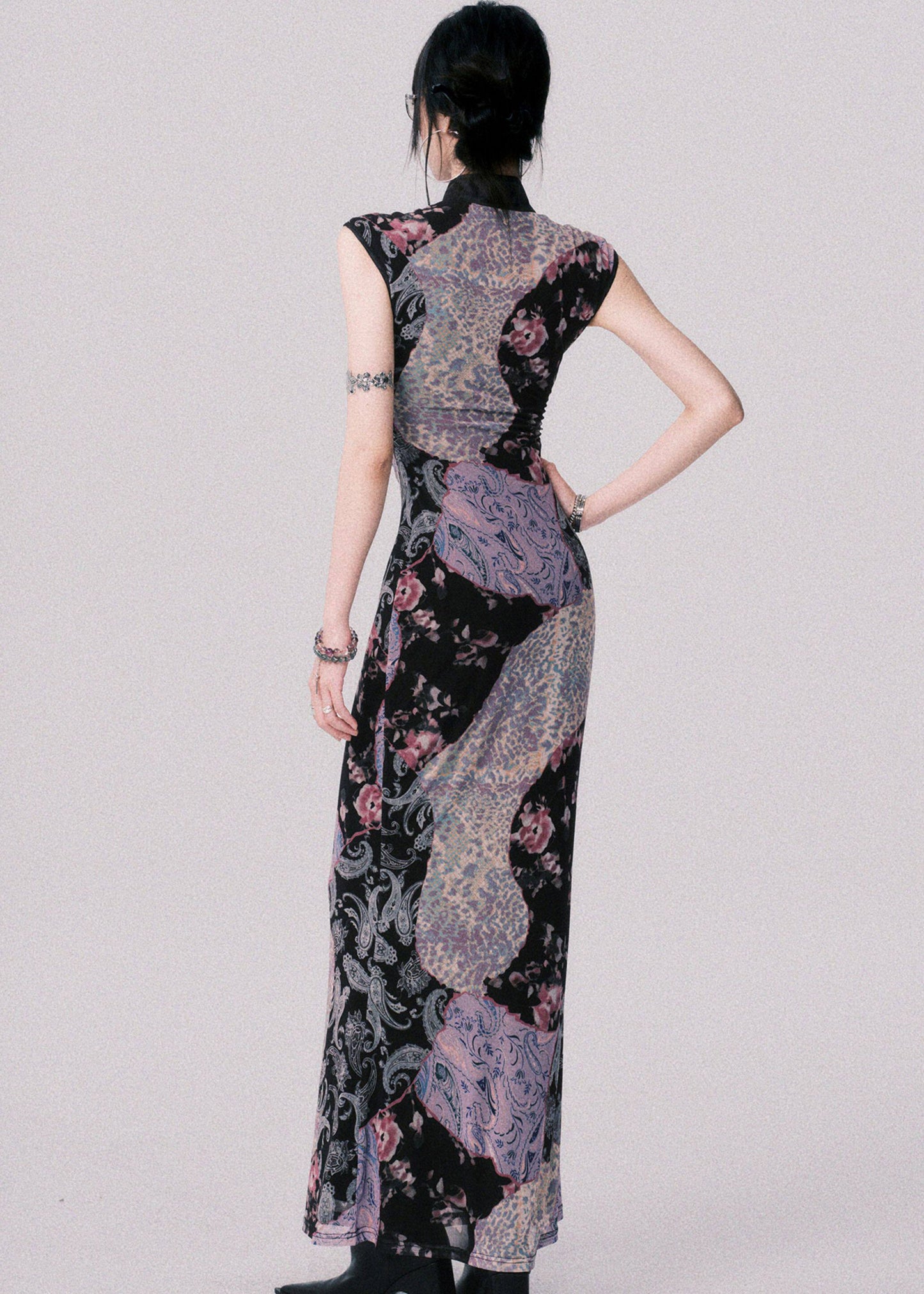 Original Design Chinese Style Stand Collar Print Tulle Maxi Dress Summer