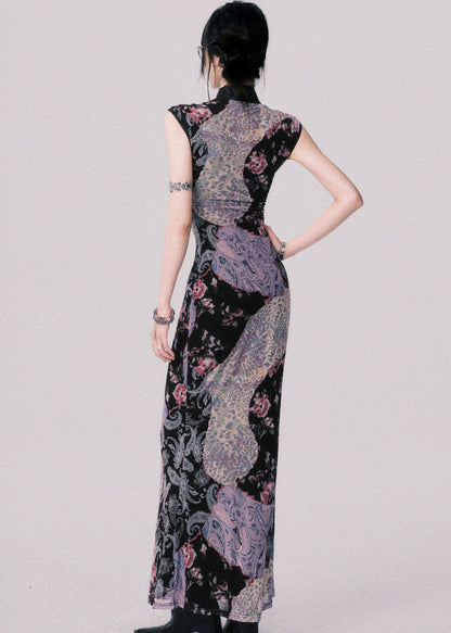Original Design Chinese Style Stand Collar Print Tulle Maxi Dress Summer