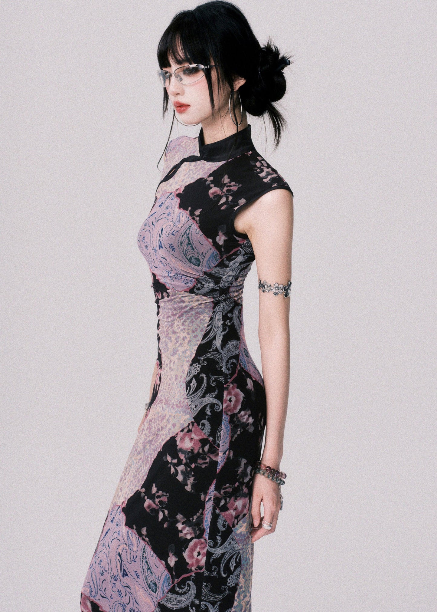 Original Design Chinese Style Stand Collar Print Tulle Maxi Dress Summer