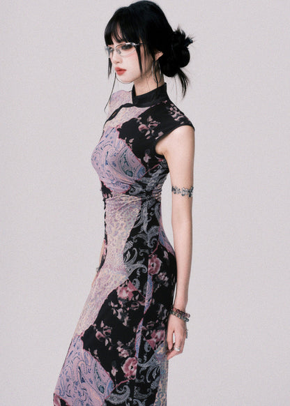 Original Design Chinese Style Stand Collar Print Tulle Maxi Dress Summer