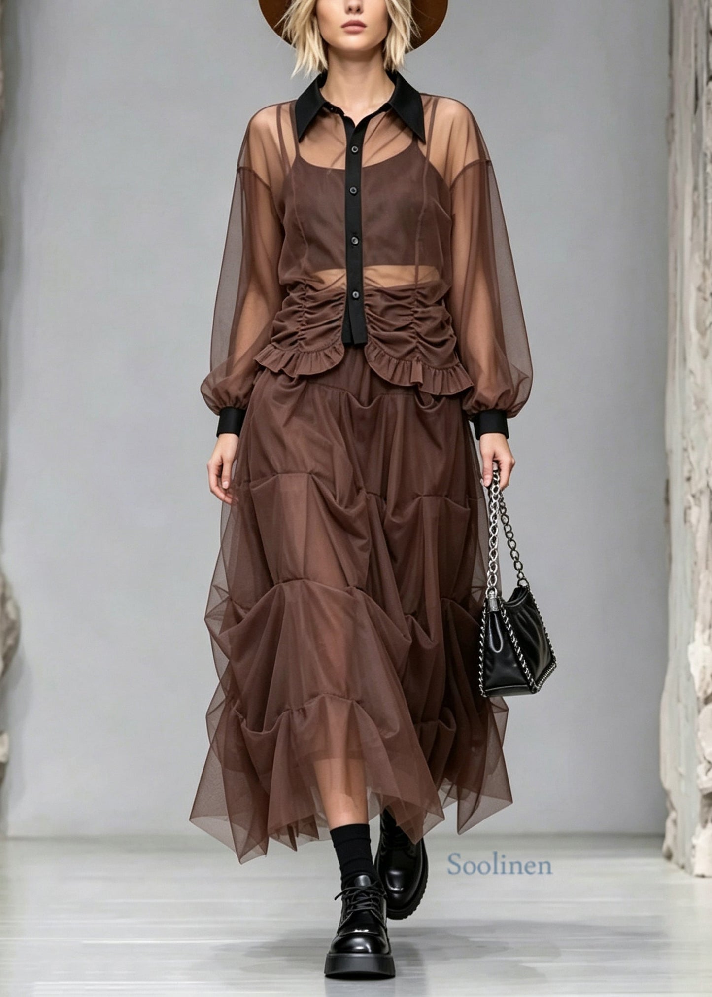 Original Design Coffee Peter Pan Collar Wrinkled Patchwork Tulle Two Pieces Set Summer