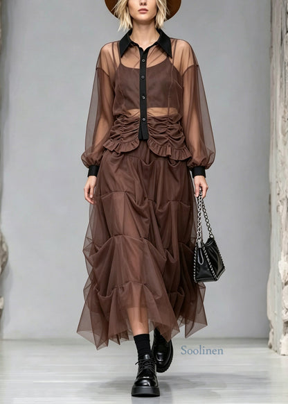 Original Design Coffee Peter Pan Collar Wrinkled Patchwork Tulle Two Pieces Set Summer
