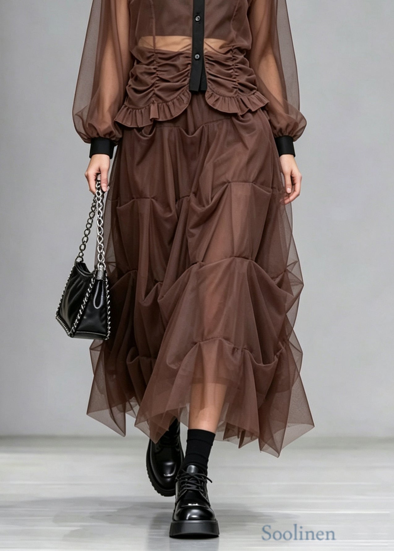 Original Design Coffee Peter Pan Collar Wrinkled Patchwork Tulle Two Pieces Set Summer