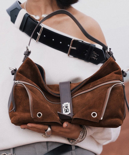 Original Design Coffee Zippered Suede Hobo Bag