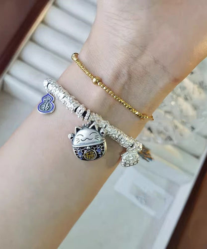 Original Design Colorblock 925 Lucky Cat Broken Silver Charm Armband