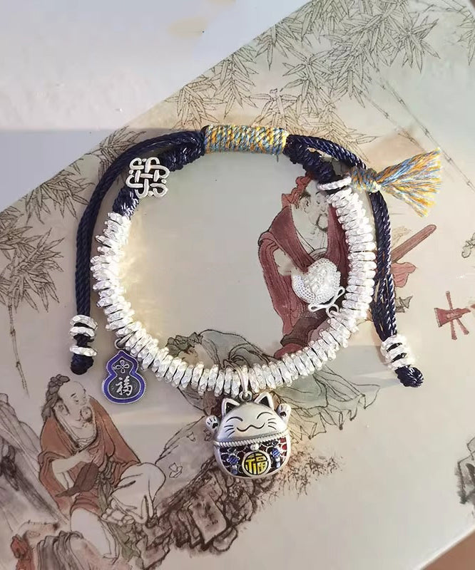 Original Design Colorblock 925 Lucky Cat Broken Silver Charm Armband