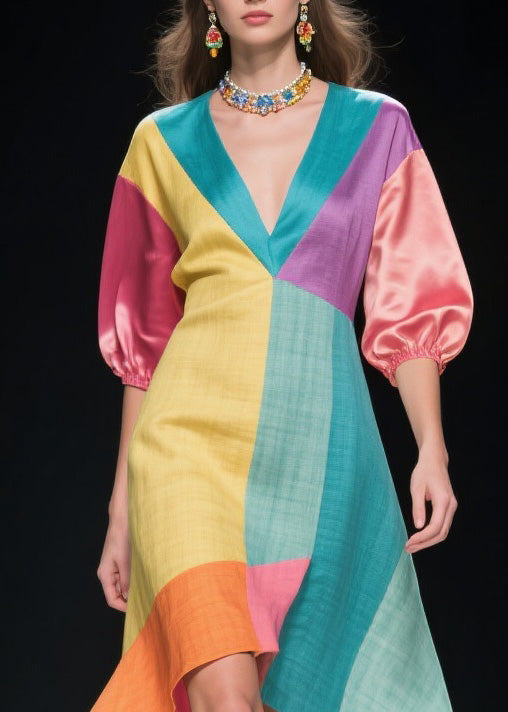 Original Design Colorblock Asymmetrical Patchwork Linen Silk Dress Summer