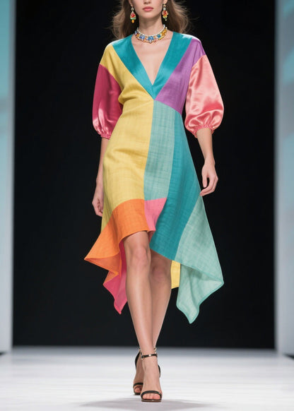 Original Design Colorblock Asymmetrical Patchwork Linen Silk Dress Summer