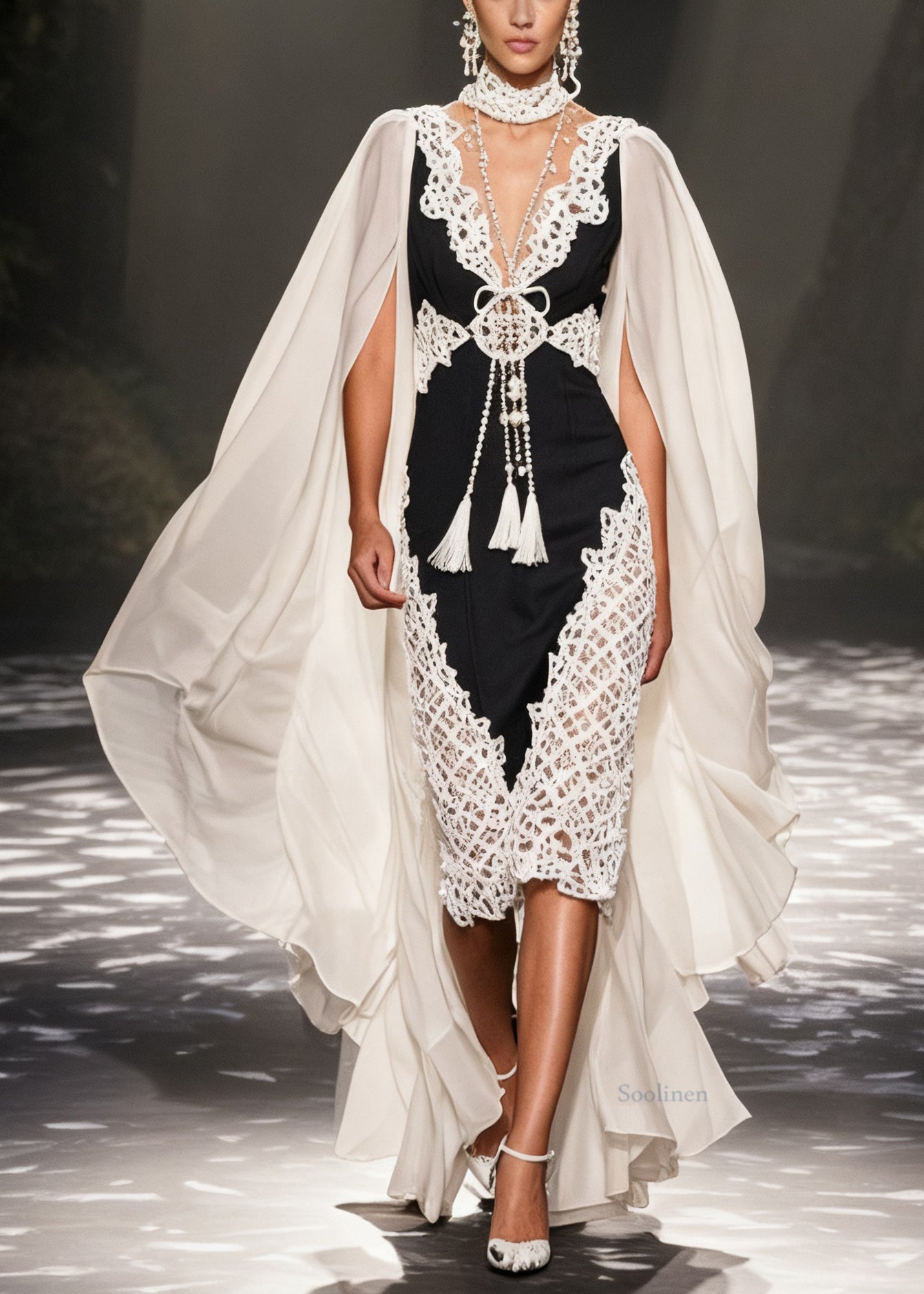 Original Design Colorblock Hollow Out Chiffon Patchwork Long Dresses Shawl Sleeve