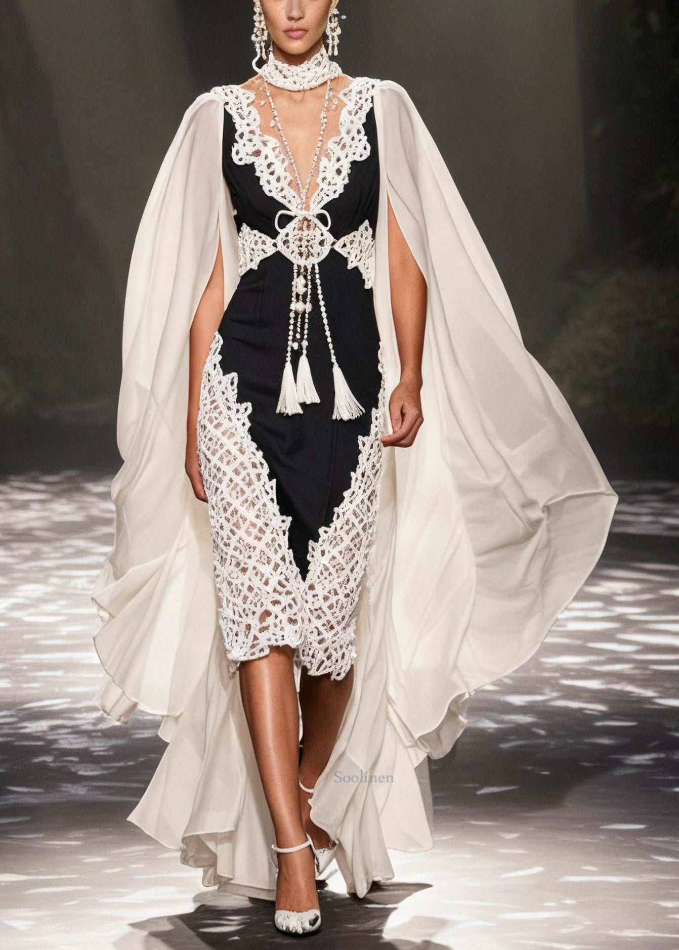 Original Design Colorblock Hollow Out Chiffon Patchwork Long Dresses Shawl Sleeve