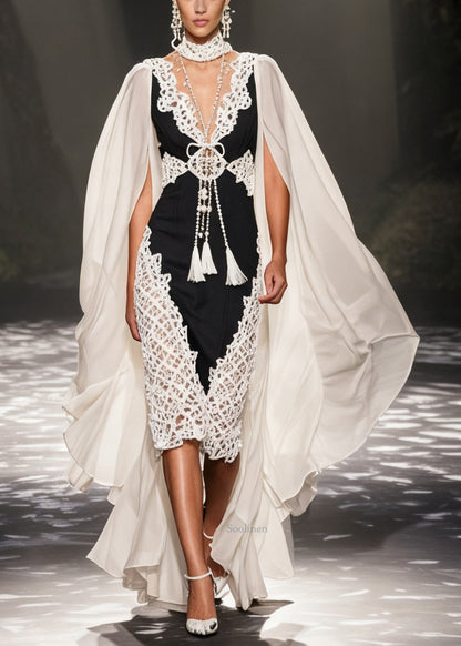 Original Design Colorblock Hollow Out Chiffon Patchwork Long Dresses Shawl Sleeve