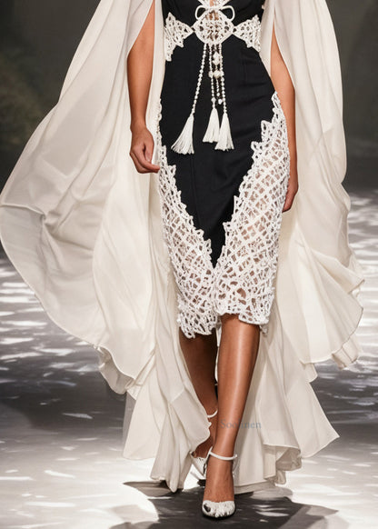 Original Design Colorblock Hollow Out Chiffon Patchwork Long Dresses Shawl Sleeve