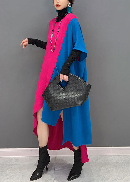 Original Design Colorblock O-Ausschnitt Asymmetrische Patchwork Baumwolle Lange Kleider