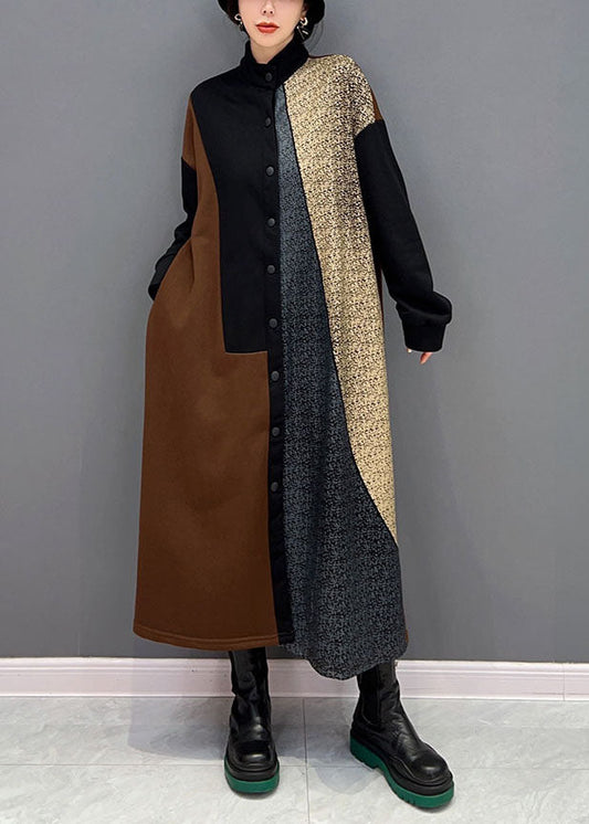 Original Design Colorblock Stehkragen Patchwork Baumwolle Hemd Kleid Frühling