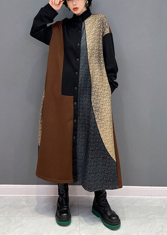 Original Design Colorblock Stehkragen Patchwork Baumwolle Hemd Kleid Frühling