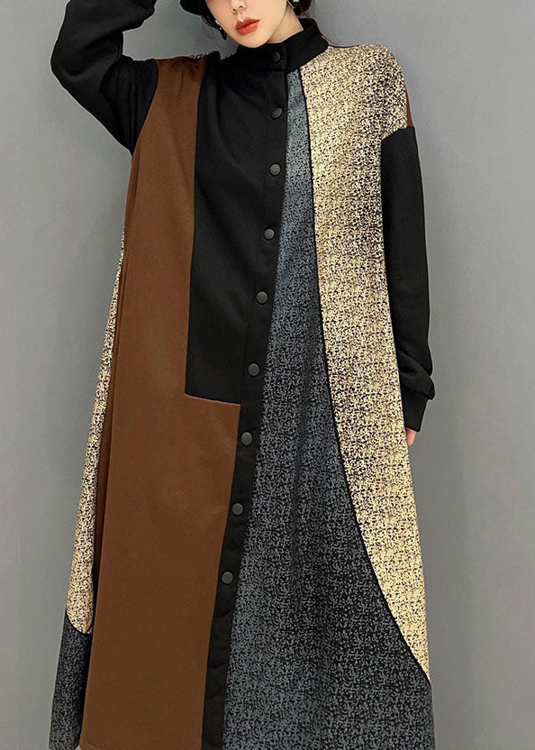 Original Design Colorblock Stehkragen Patchwork Baumwolle Hemd Kleid Frühling