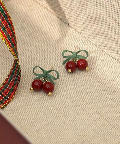 Original Design Colorblock Sterling Silver Bow Cherry Drop Earrings
