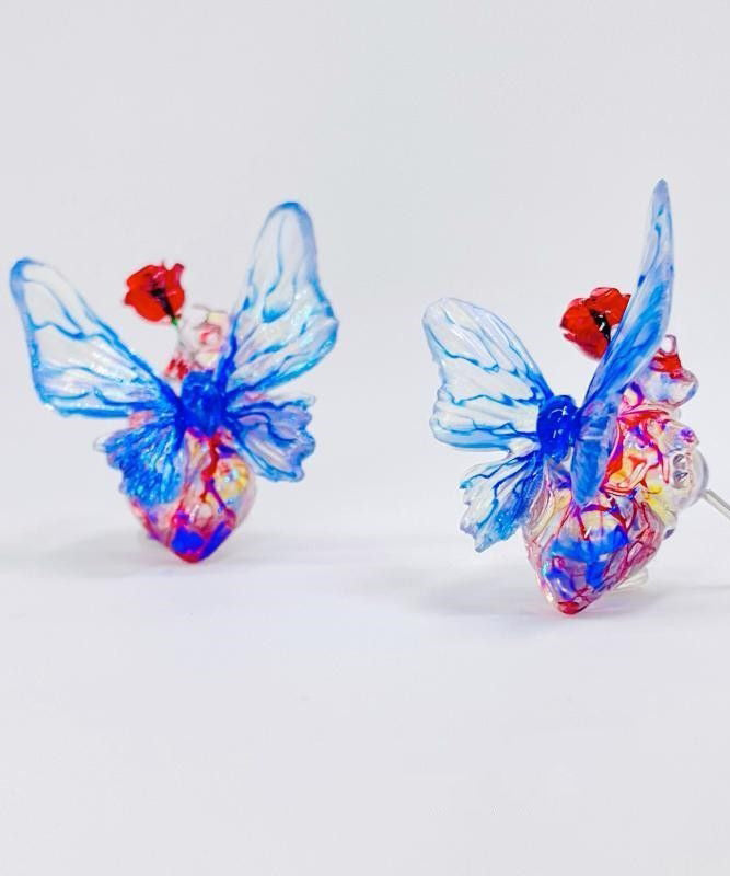 Pendientes de mariposa de resina en plata de ley con diseño original en bloques de color