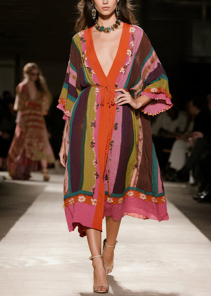 Original Design Colorblock V Neck Floral Cotton Dress Spring