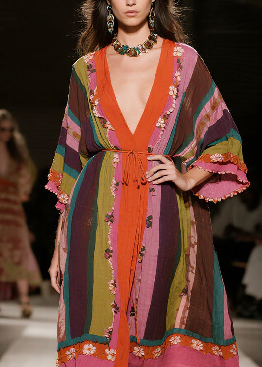 Original Design Colorblock V Neck Floral Cotton Dress Spring