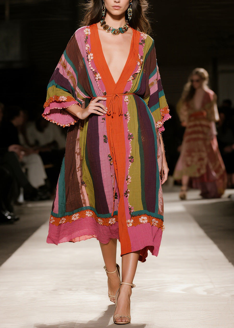 Original Design Colorblock V Neck Floral Cotton Dress Spring