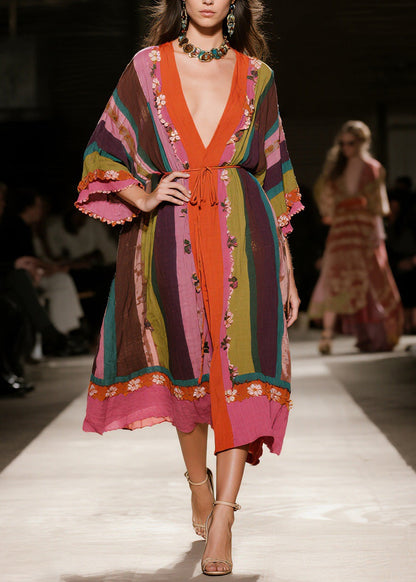 Original Design Colorblock V Neck Floral Cotton Dress Spring