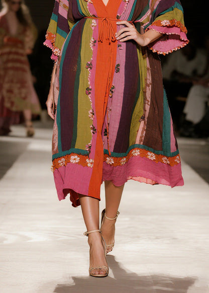 Original Design Colorblock V Neck Floral Cotton Dress Spring