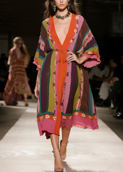 Original Design Colorblock V Neck Floral Cotton Dress Spring