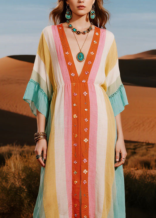 Original Design Colorblock V Neck Floral Cotton Dresses Summer