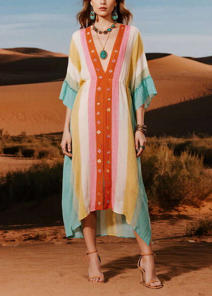 Original Design Colorblock V Neck Floral Cotton Dresses Summer