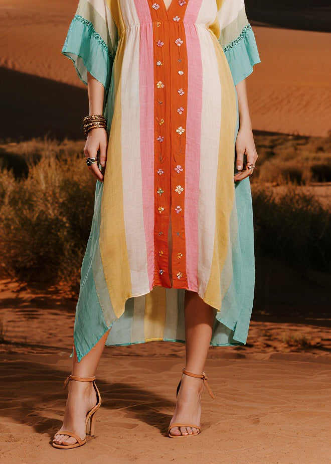 Original Design Colorblock V Neck Floral Cotton Dresses Summer