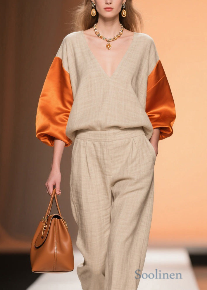 Original Design Colorblock V Neck Patchwork Linen Silk Two Piece Set Spring