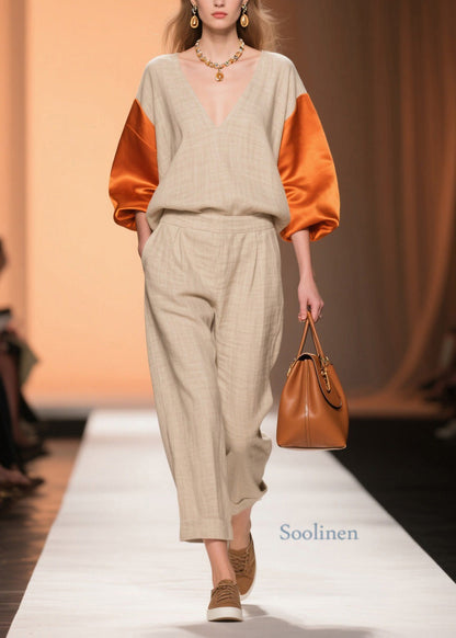 Original Design Colorblock V Neck Patchwork Linen Silk Two Piece Set Spring