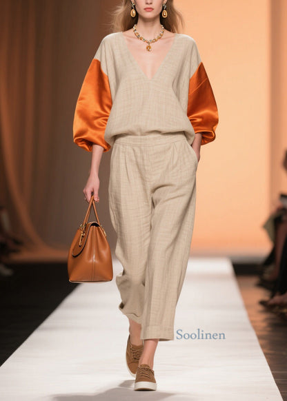 Original Design Colorblock V Neck Patchwork Linen Silk Two Piece Set Spring