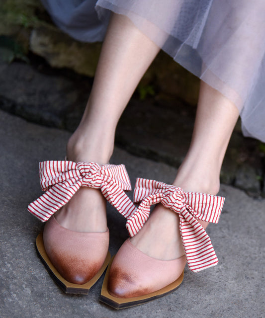 Original Design Cowhide Leather Pink Splicing Bow Sandals