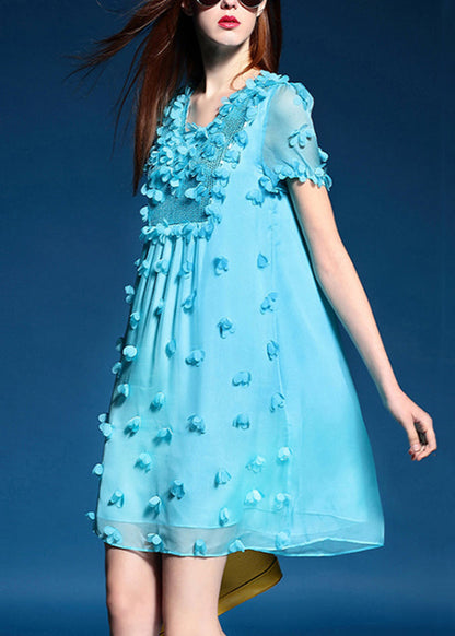 Original Design Floral Sequins Blue Chiffo Dresses Summer