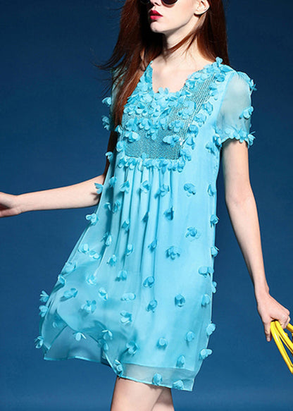 Original Design Floral Sequins Blue Chiffo Dresses Summer