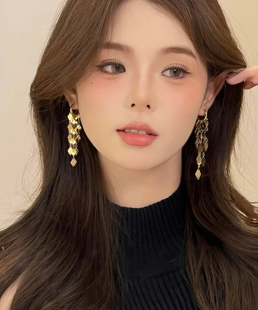 Pendientes colgantes con lentejuelas y diamantes de aleación de cobre y oro de diseño original