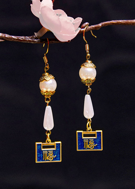 Pendientes colgantes de perlas con diseño original de candado dorado y gotas de agua